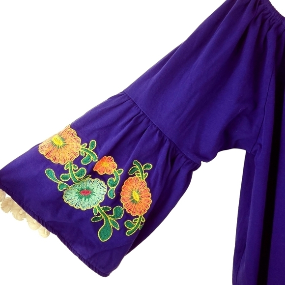 UMGEE M Boho Peasant Top Tassels Flower Stitched Embroidery Blue Bell Sleeves - Picture 6 of 11